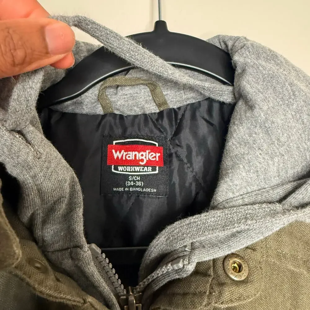 Wrangler Workwear Hooded Canvas Jacket Olive Green Quilted Lined Mens Small